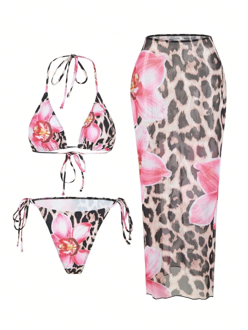 Damen Triangel-Bikini-Set mit floralen Mustern und transparentem Maxirock