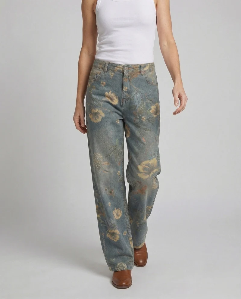 Damen florale hochtaillierte Jeanshose