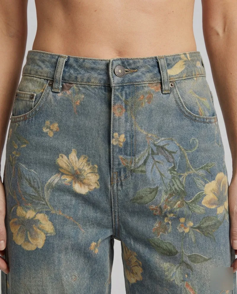 Damen florale hochtaillierte Jeanshose