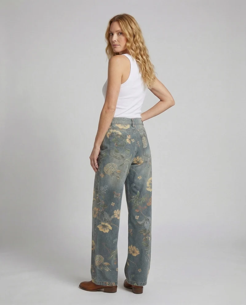 Damen florale hochtaillierte Jeanshose
