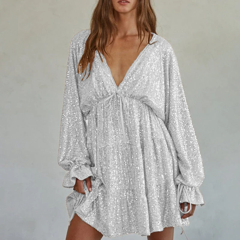 Damen Funkelndes Festkleid mit V-Ausschnitt und Rüschendetails