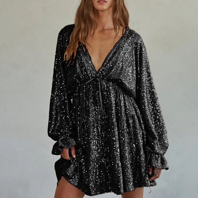 Damen Funkelndes Festkleid mit V-Ausschnitt und Rüschendetails
