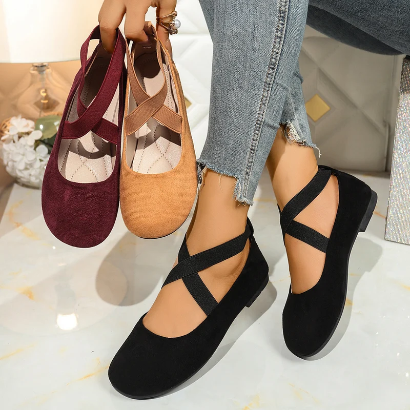 Damen Stylish Ballerinas mit elastischem Kreuzriemen und atmungsaktivem Obermaterial