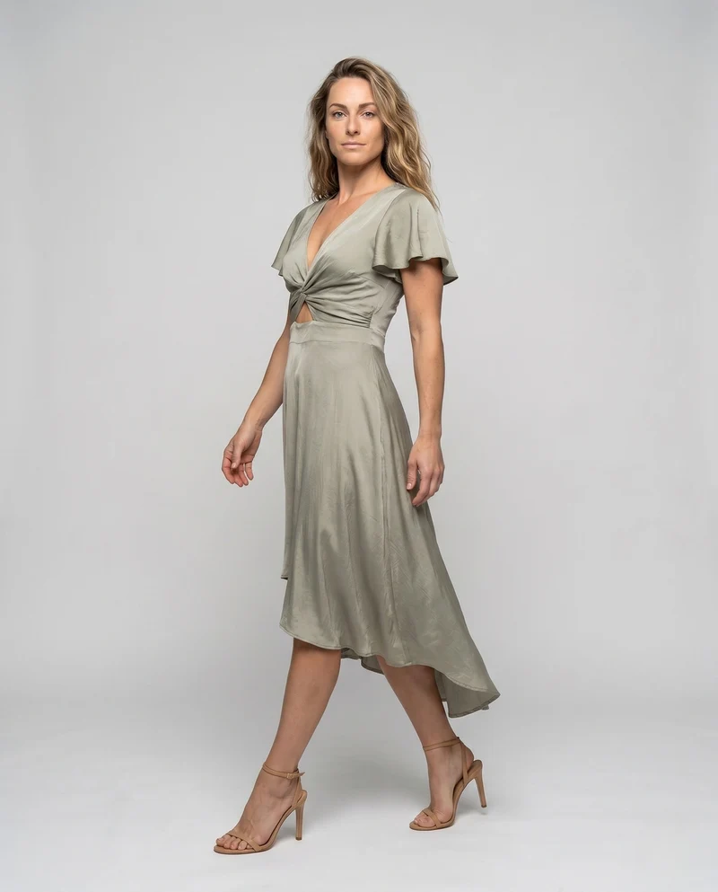 Damen elegantes Wickelkleid mit asymmetrischem Saum und femininen Ärmeln