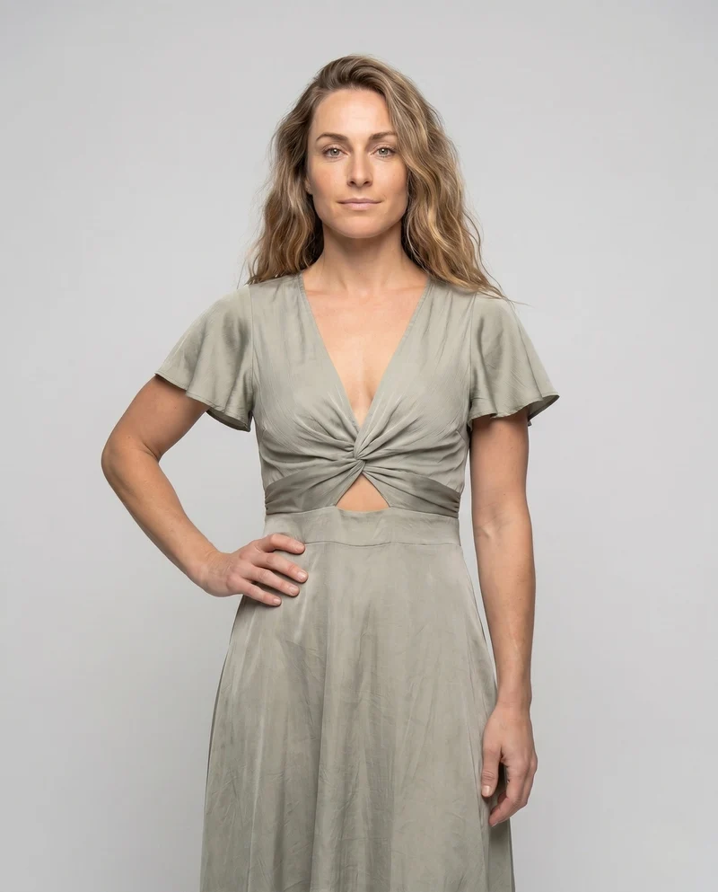 Damen elegantes Wickelkleid mit asymmetrischem Saum und femininen Ärmeln