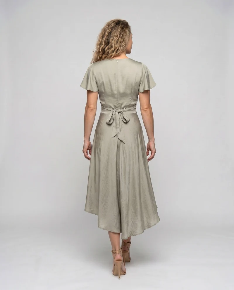 Damen elegantes Wickelkleid mit asymmetrischem Saum und femininen Ärmeln
