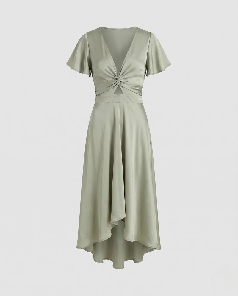 Damen elegantes Wickelkleid mit asymmetrischem Saum und femininen Ärmeln