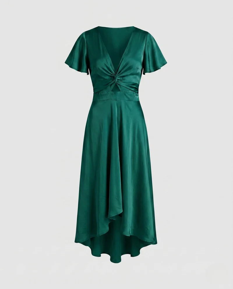 Damen elegantes Wickelkleid mit asymmetrischem Saum und femininen Ärmeln