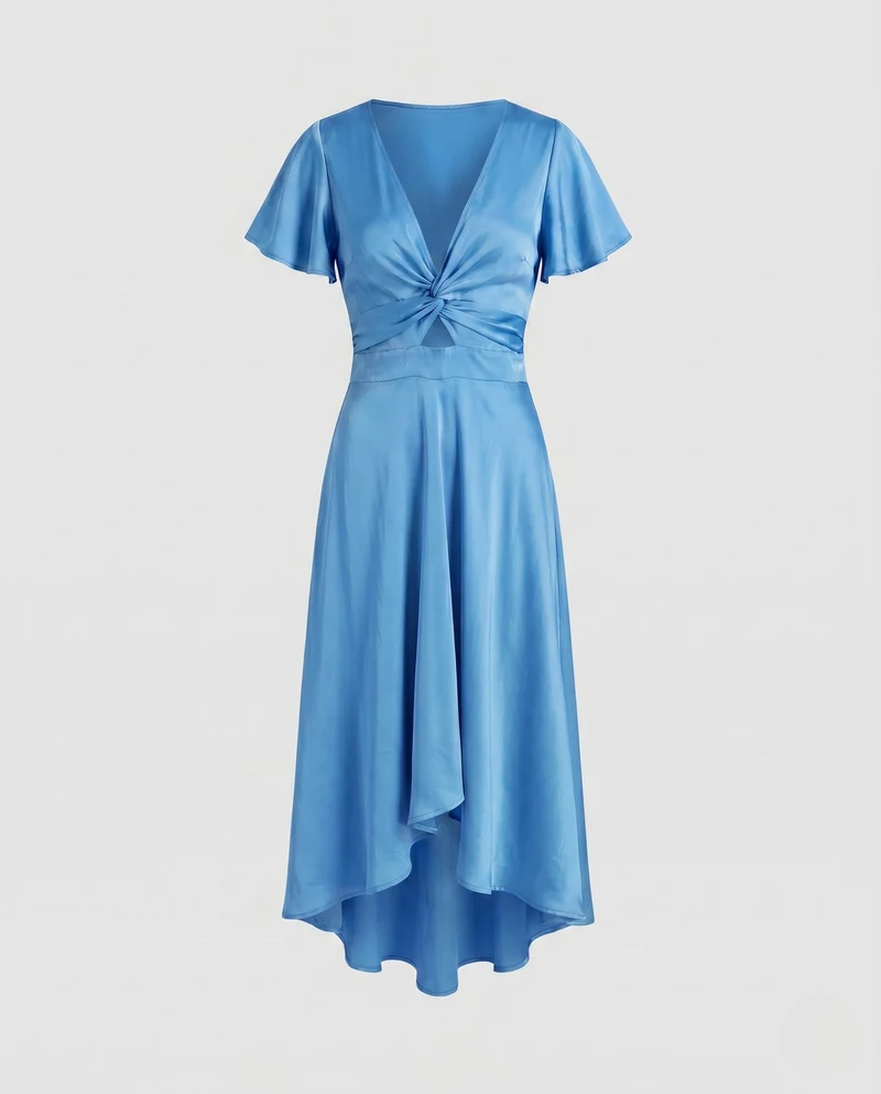 Damen elegantes Wickelkleid mit asymmetrischem Saum und femininen Ärmeln