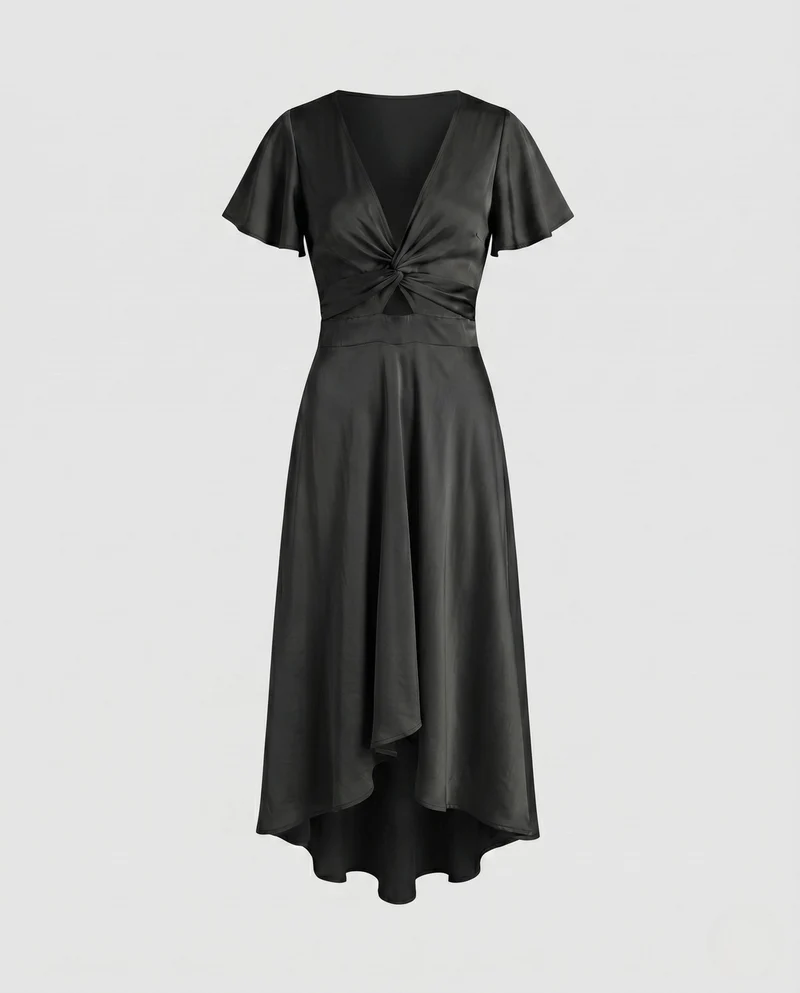 Damen elegantes Wickelkleid mit asymmetrischem Saum und femininen Ärmeln