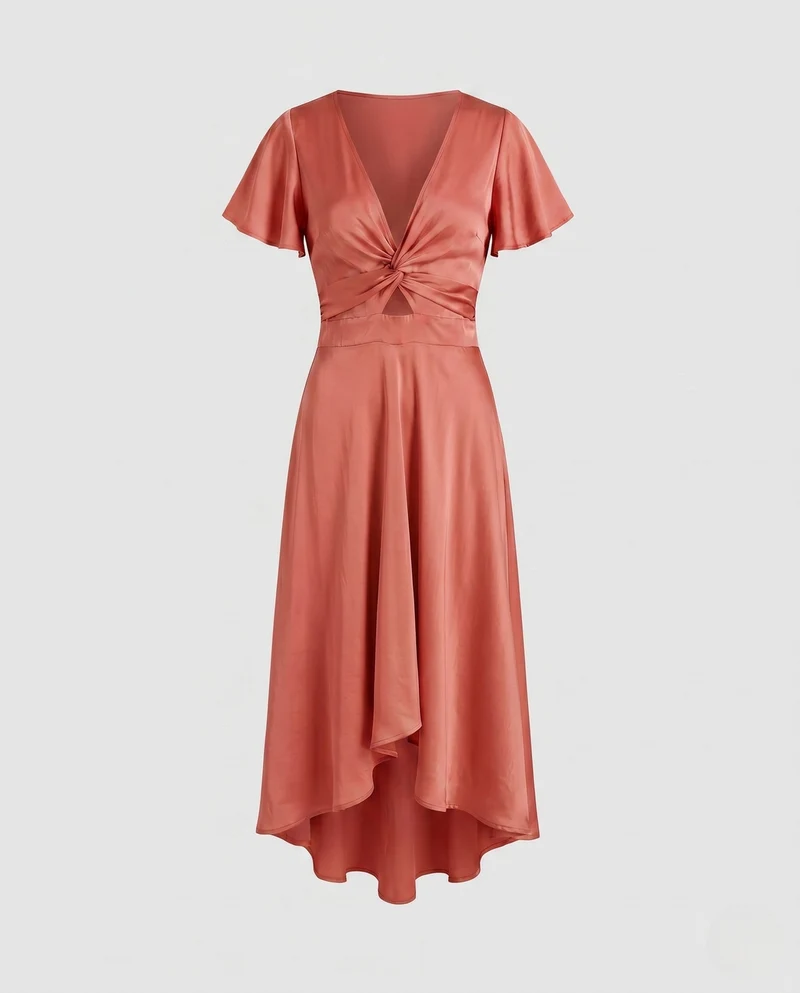 Damen elegantes Wickelkleid mit asymmetrischem Saum und femininen Ärmeln