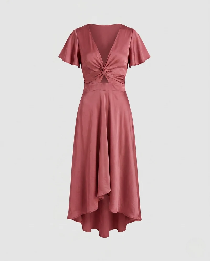 Damen elegantes Wickelkleid mit asymmetrischem Saum und femininen Ärmeln