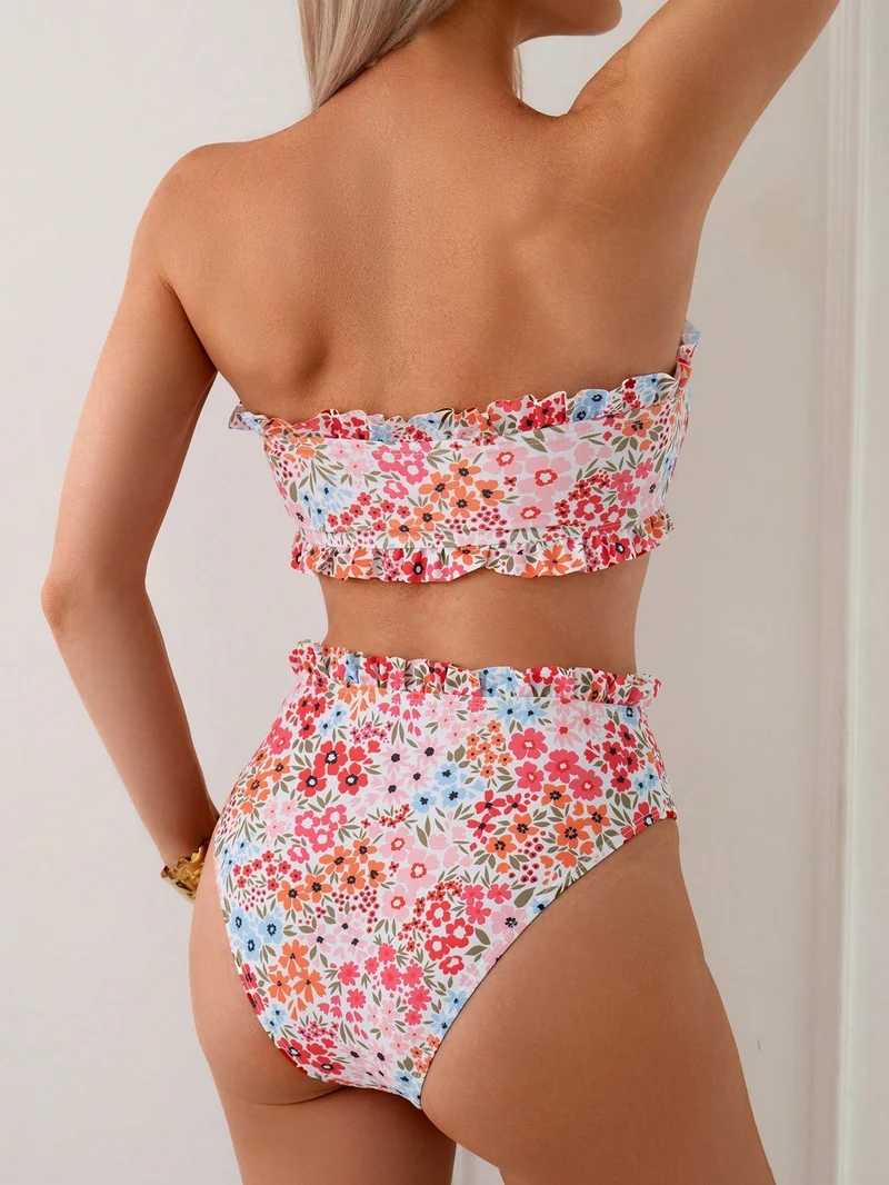 Damen Bandeau-Bikini mit verspieltem Rüschendesign