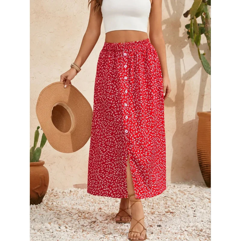 Damen Maxirock mit floralem Design und Knopfdetails