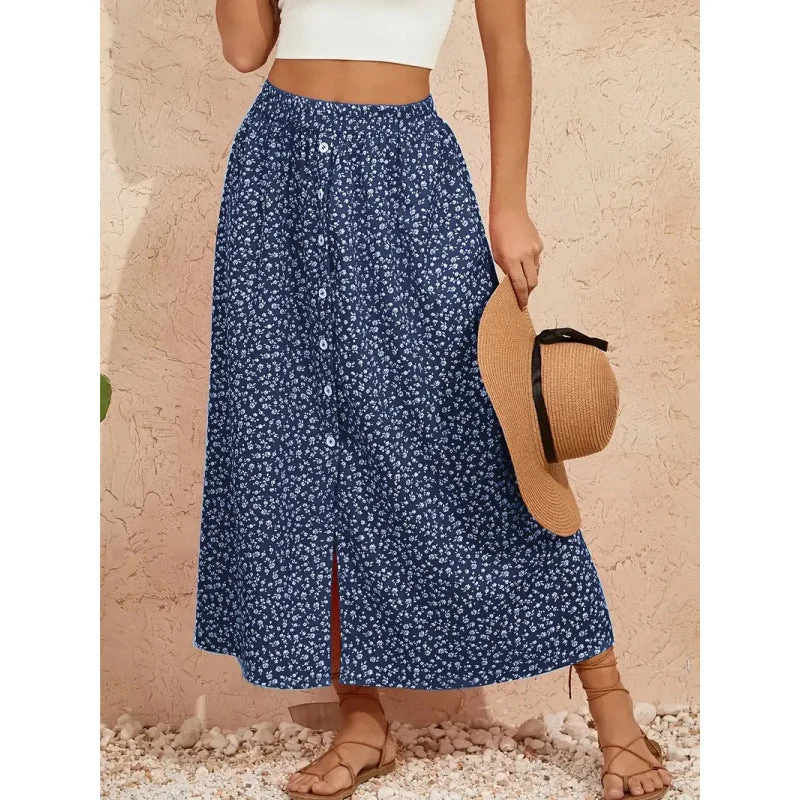 Damen Maxirock mit floralem Design und Knopfdetails