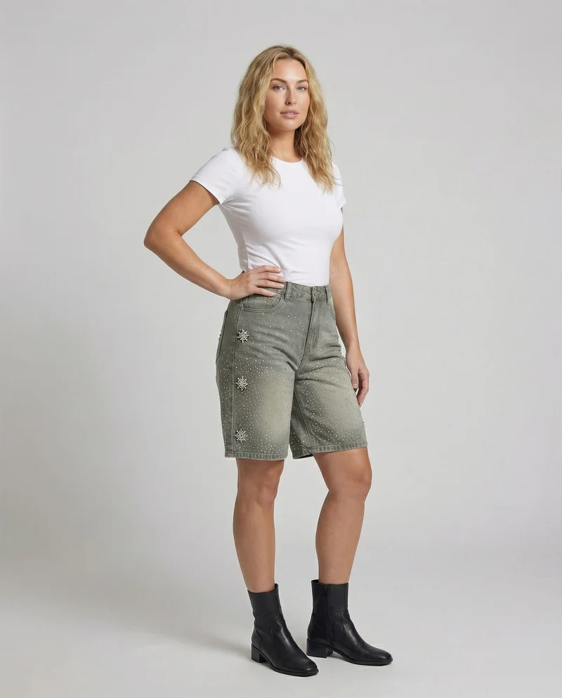 Damen Jeansbermuda Veredelt Strass Kristall