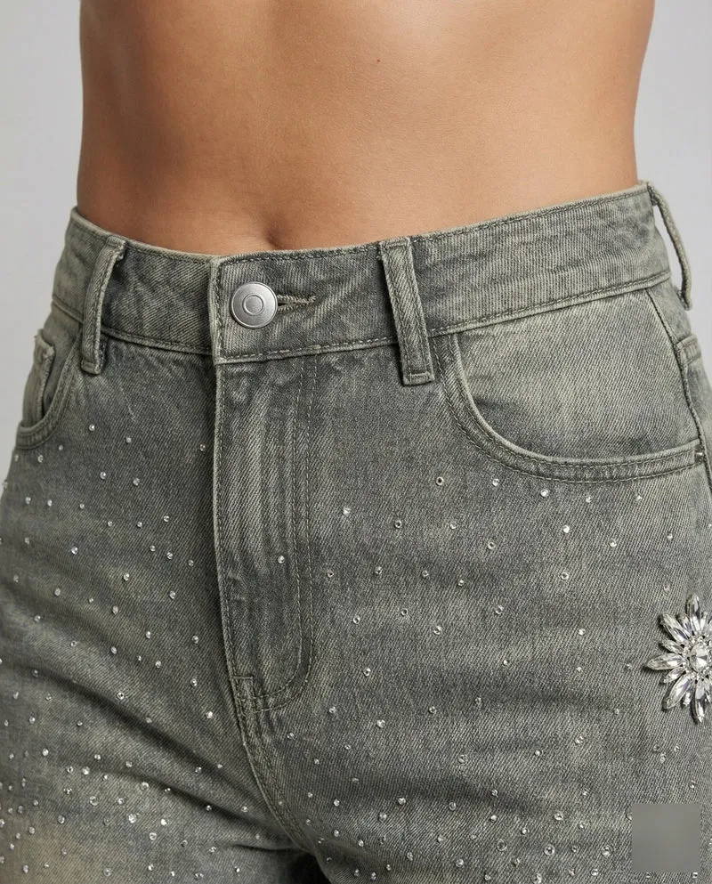 Damen Jeansbermuda Veredelt Strass Kristall