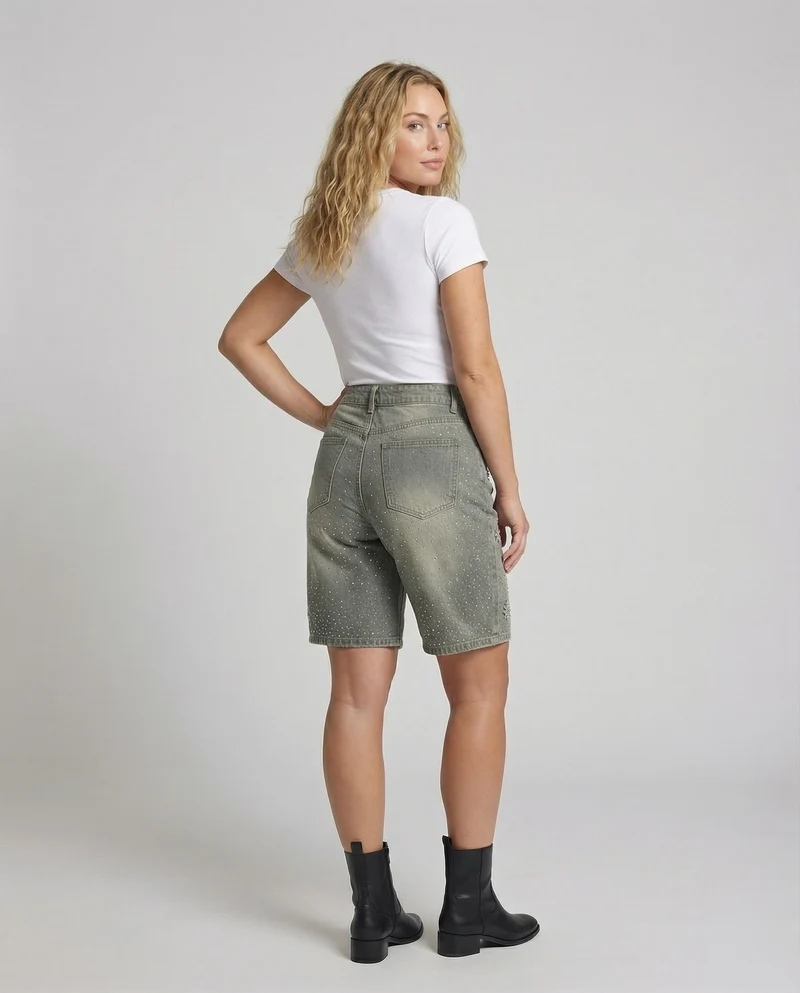 Damen Jeansbermuda Veredelt Strass Kristall