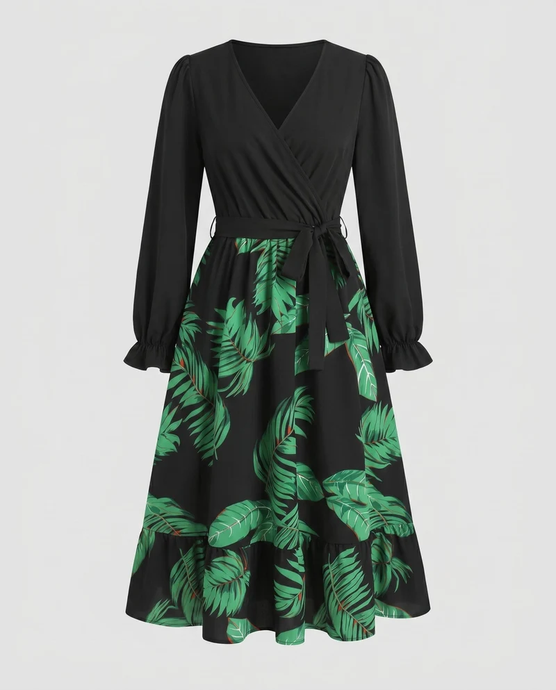 Damen Elegantes Wickelkleid mit floralem Motiv und langen Ärmeln Nord Taschen