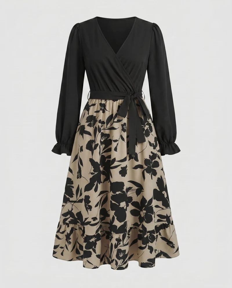 Damen Elegantes Wickelkleid mit floralem Motiv und langen Ärmeln Nord Taschen
