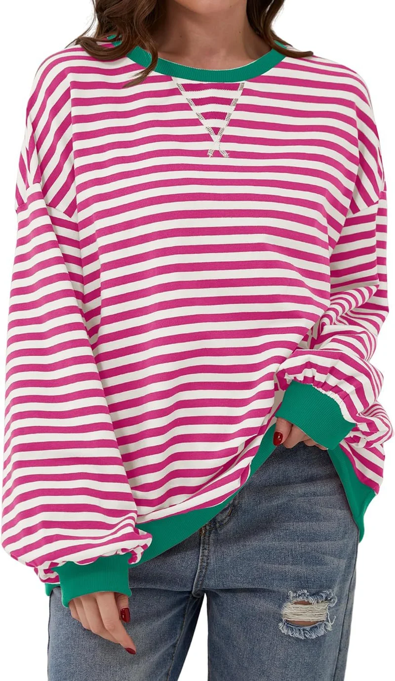 Damen lässiger Oversized Sweatshirt mit bunten Streifen und Kapuzenkordel