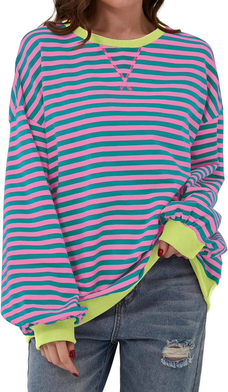 Damen lässiger Oversized Sweatshirt mit bunten Streifen und Kapuzenkordel