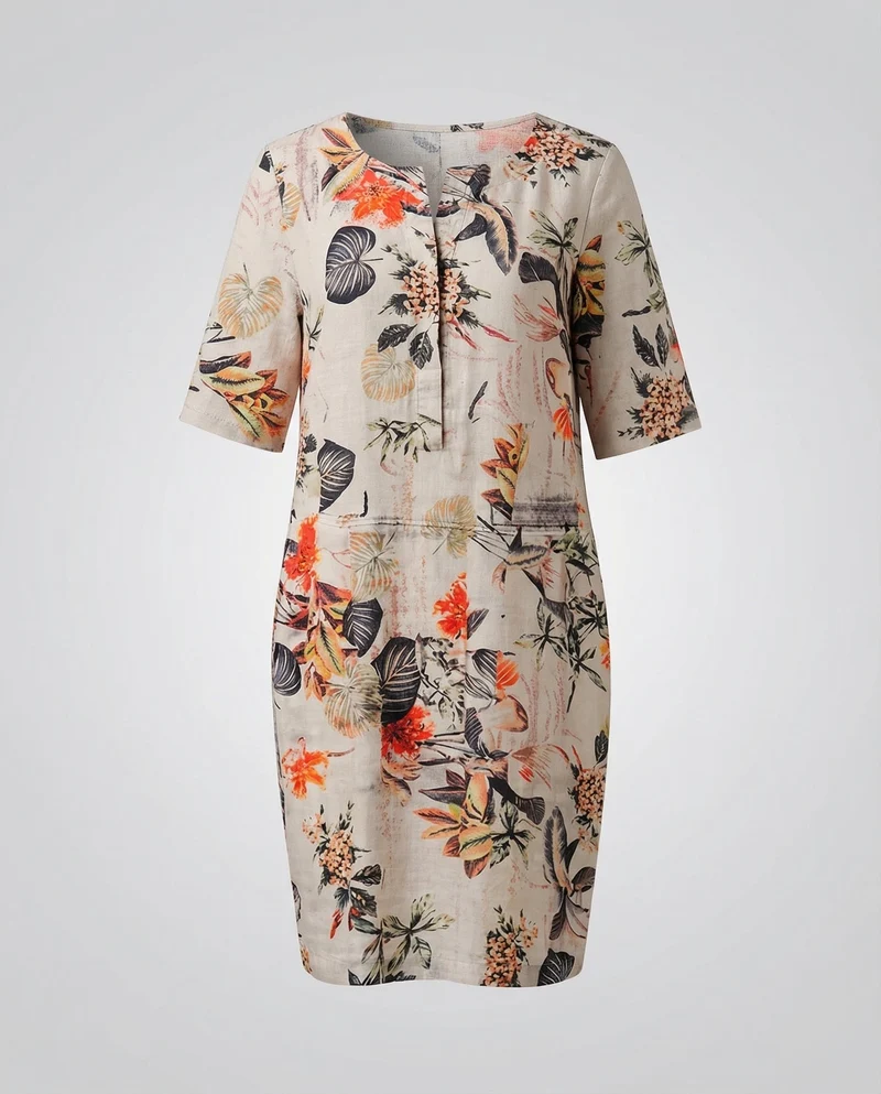 Damen Leinen-Midikleid Floraler Print Taillennaht