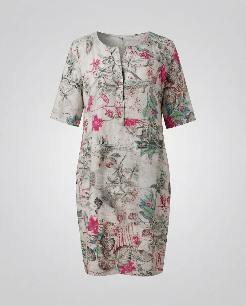 Damen Leinen-Midikleid Floraler Print Taillennaht