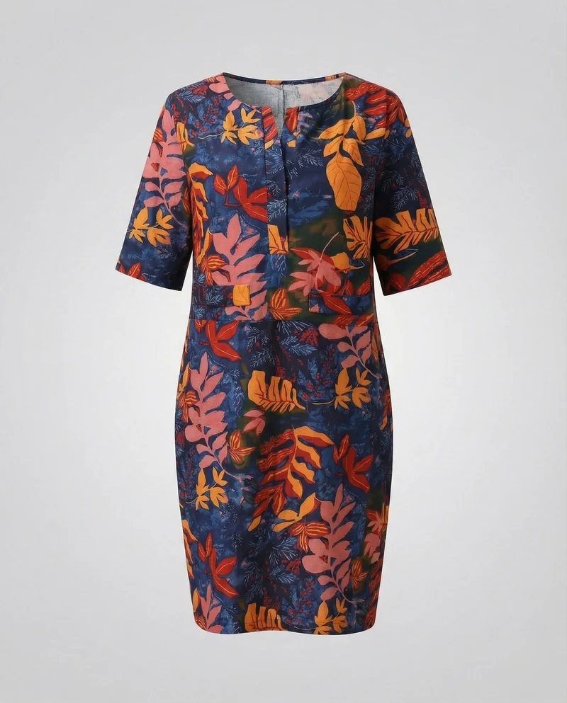 Damen Leinen-Midikleid Floraler Print Taillennaht
