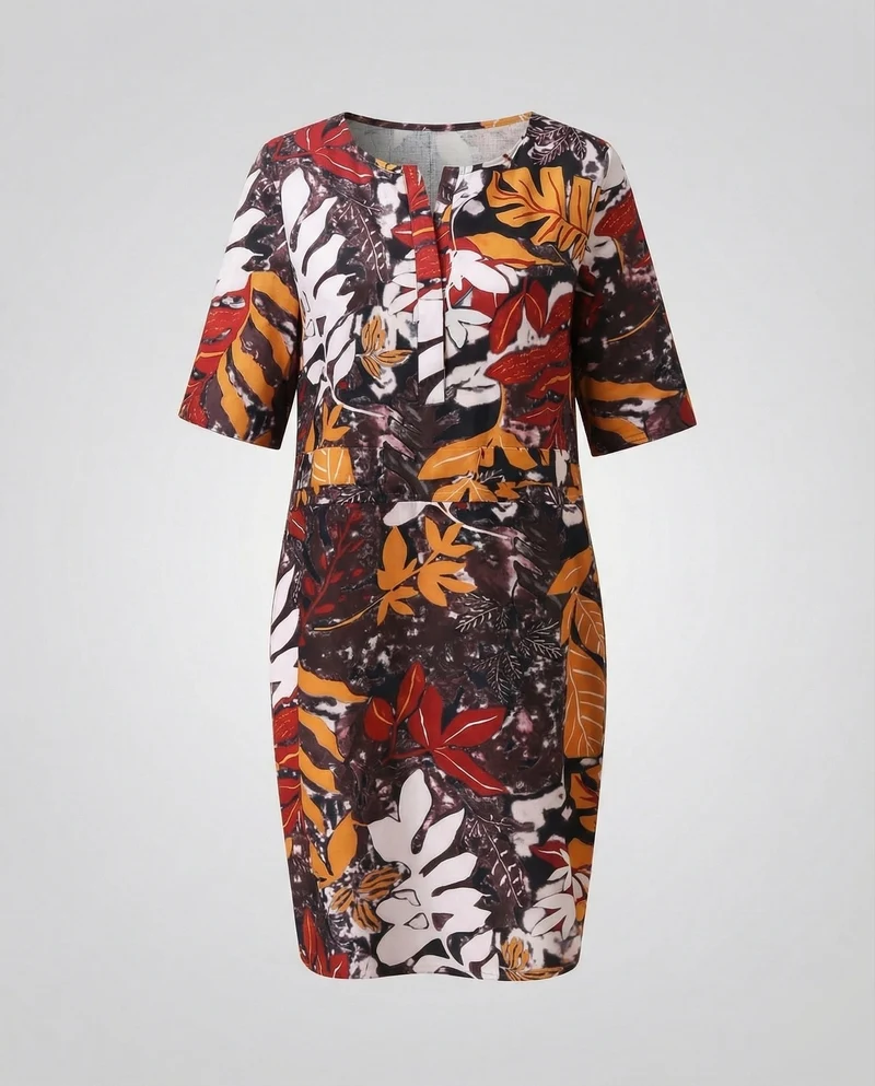 Damen Leinen-Midikleid Floraler Print Taillennaht