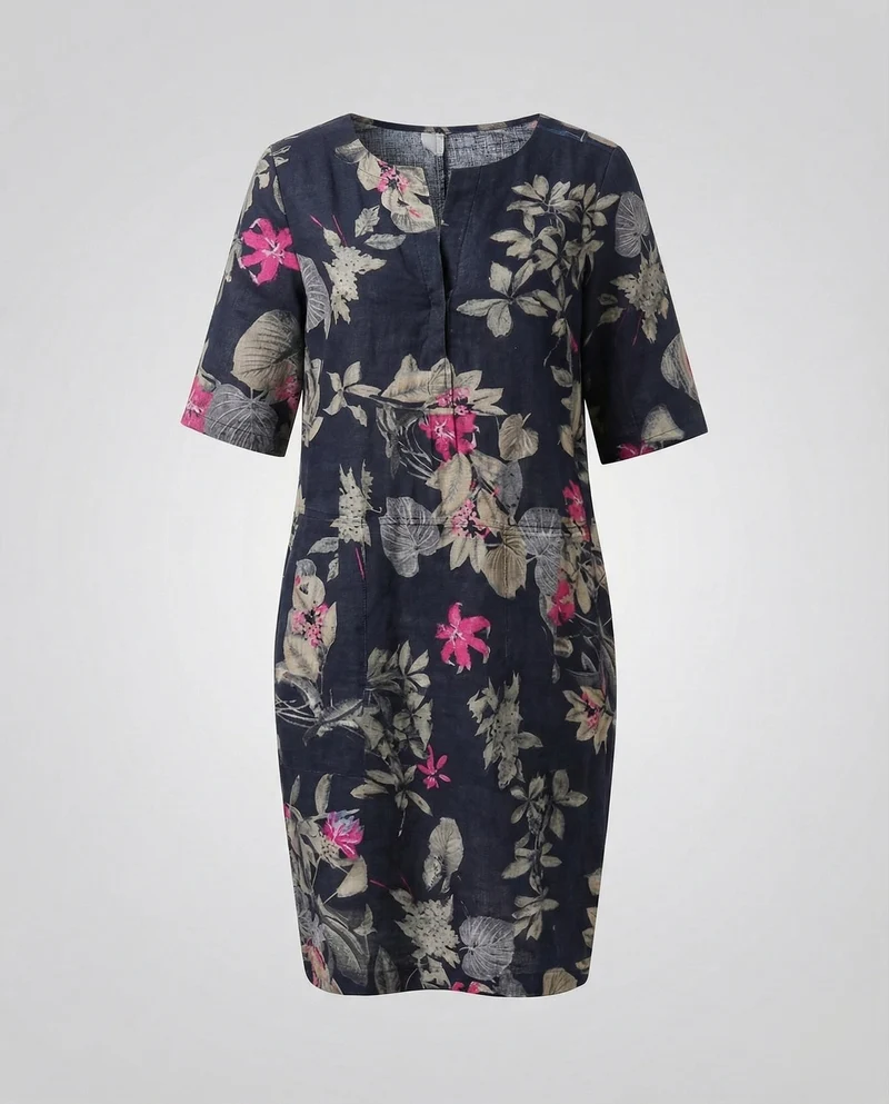 Damen Leinen-Midikleid Floraler Print Taillennaht