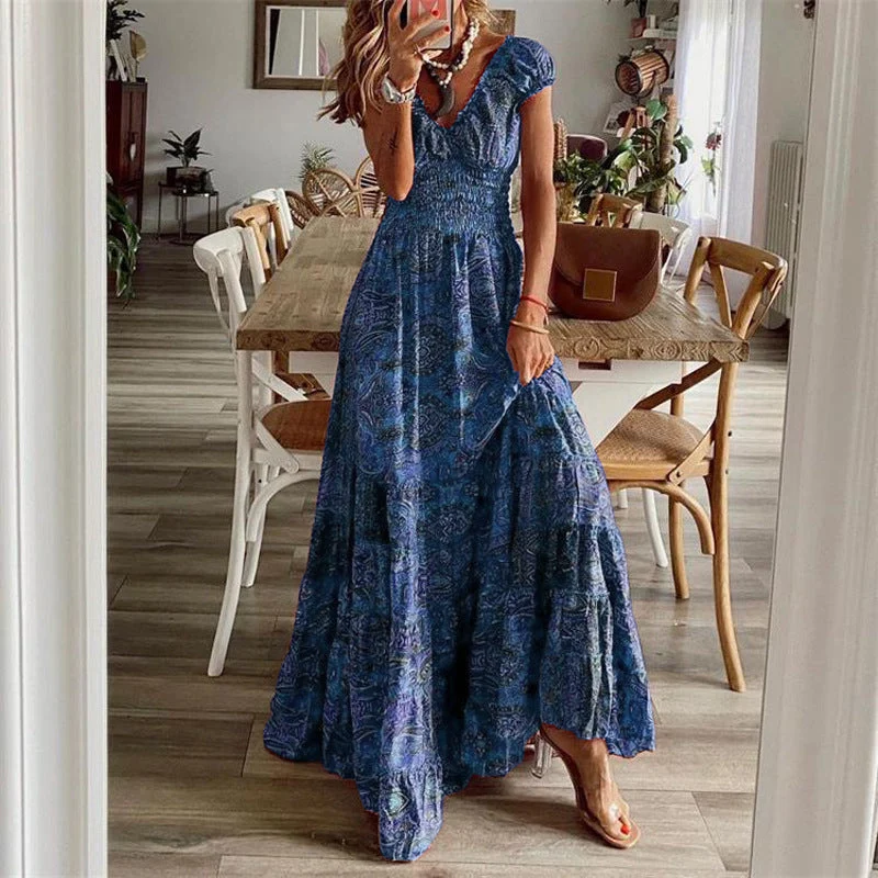 Damen Maxikleid mit tiefem V-Ausschnitt und femininem Muster