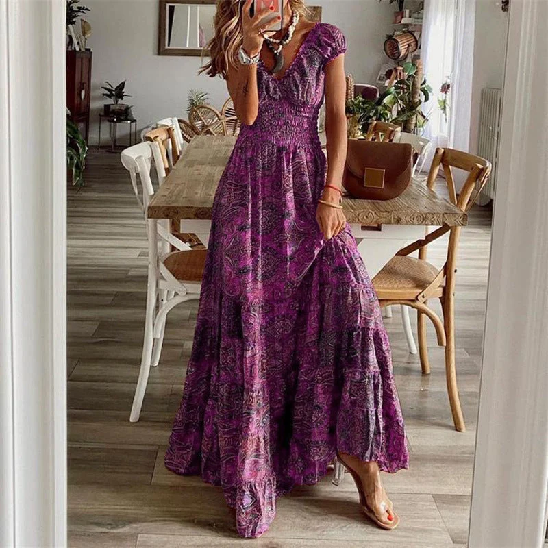Damen Maxikleid mit tiefem V-Ausschnitt und femininem Muster