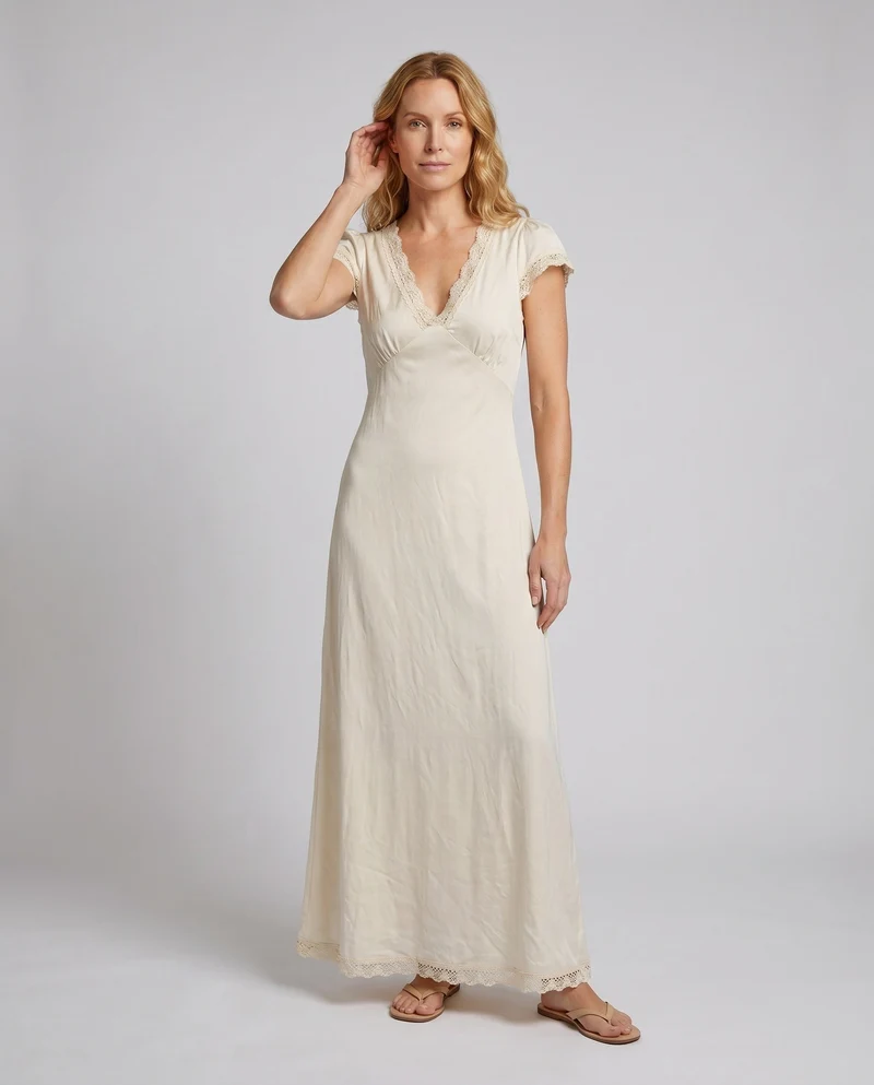 Damen nan romantisches Vintage-Maxikleid mit V-Ausschnitt, kurzen Ärmeln, Empire-Naht und Spitzenbesatz