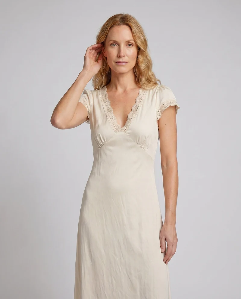 Damen nan romantisches Vintage-Maxikleid mit V-Ausschnitt, kurzen Ärmeln, Empire-Naht und Spitzenbesatz