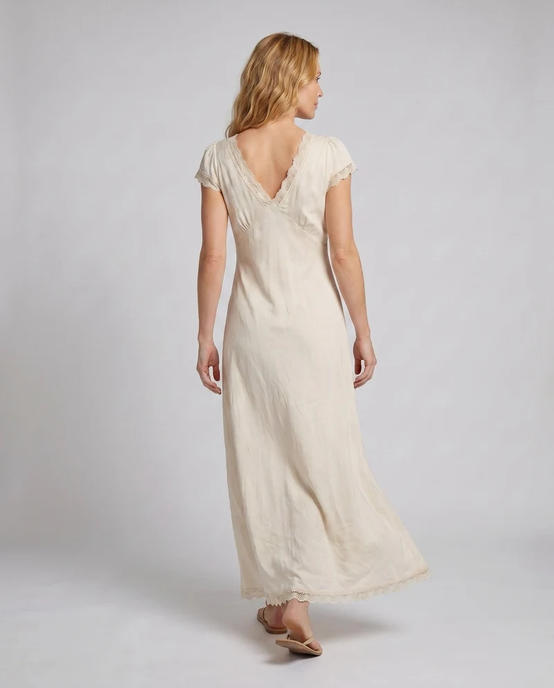 Damen nan romantisches Vintage-Maxikleid mit V-Ausschnitt, kurzen Ärmeln, Empire-Naht und Spitzenbesatz