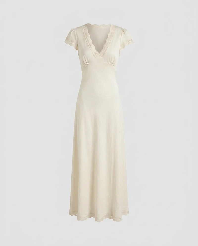 Damen nan romantisches Vintage-Maxikleid mit V-Ausschnitt, kurzen Ärmeln, Empire-Naht und Spitzenbesatz