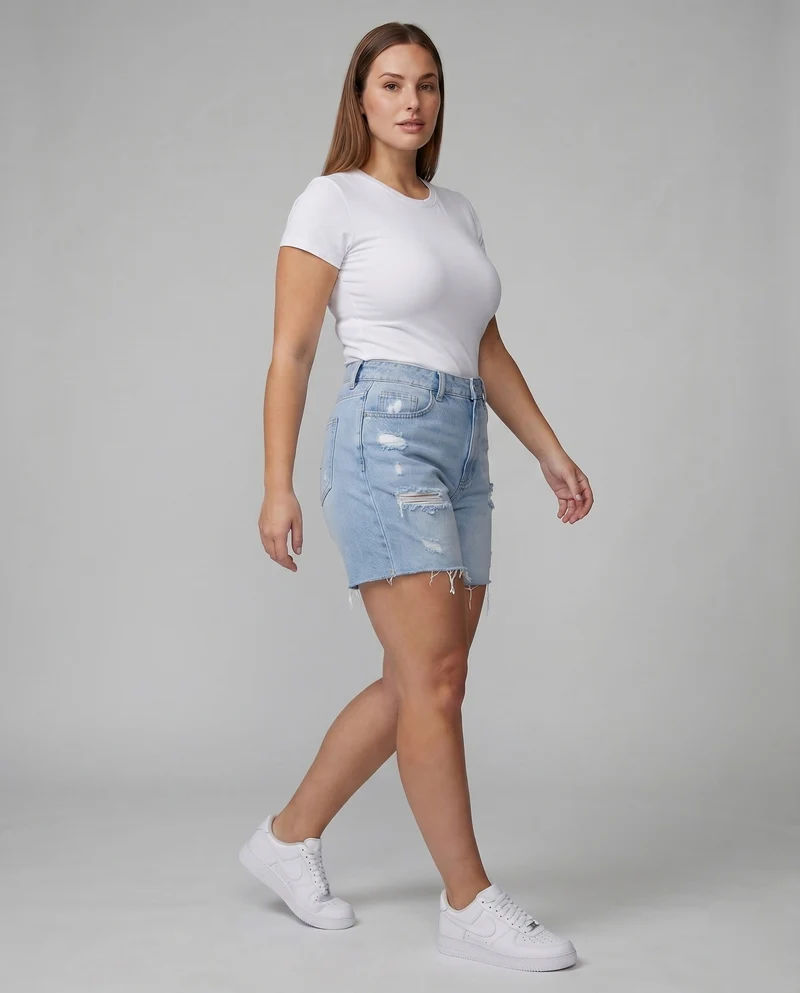 Damen Jeans-Bermuda High-Waist Destroyed-Details Fransen