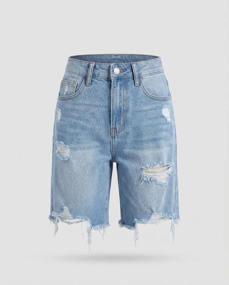 Damen Jeans-Bermuda High-Waist Destroyed-Details Fransen