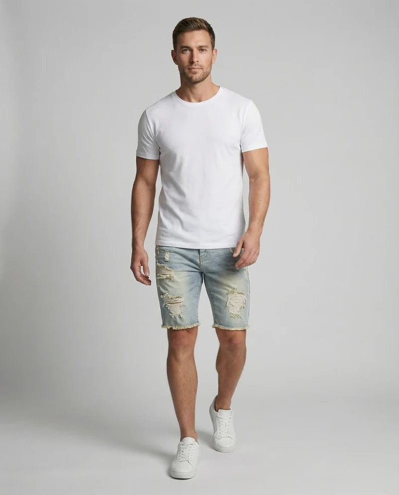 Herren Jeans-Bermuda Schmal Rissdetails Fünf-Taschen