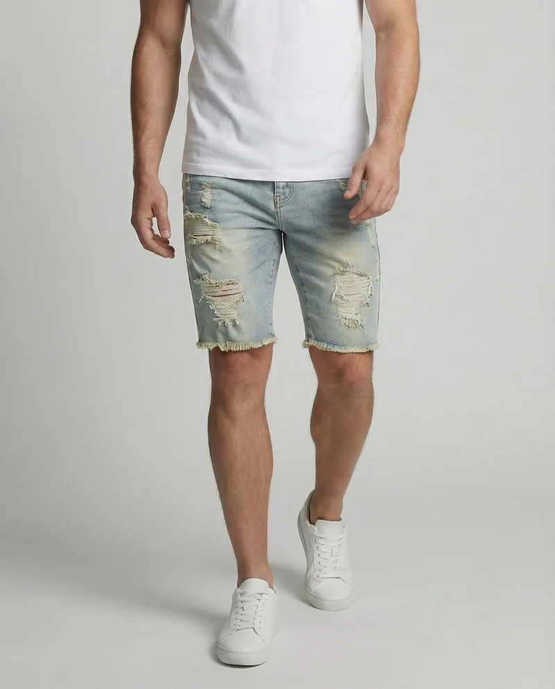 Herren Jeans-Bermuda Schmal Rissdetails Fünf-Taschen
