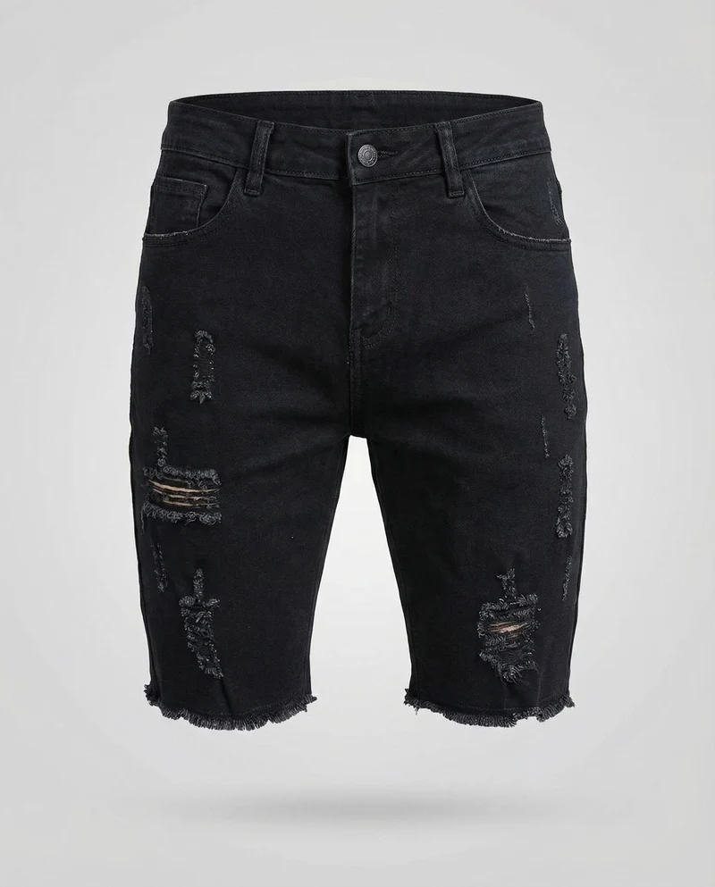 Herren Jeans-Bermuda Schmal Rissdetails Fünf-Taschen