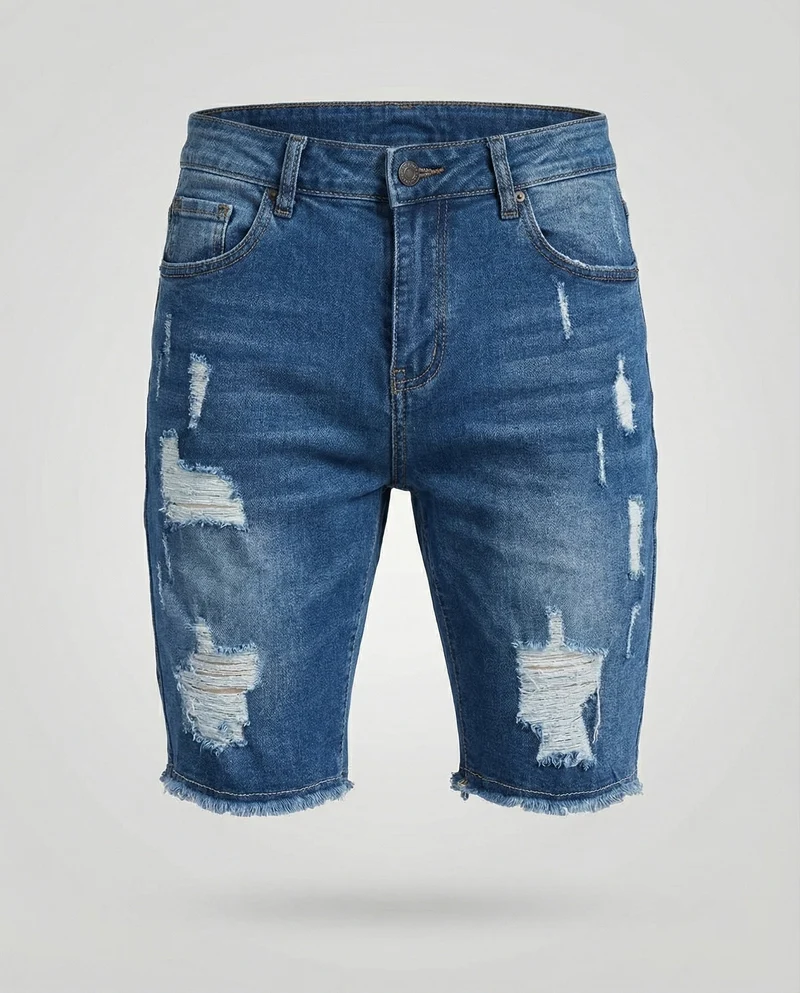 Herren Jeans-Bermuda Schmal Rissdetails Fünf-Taschen