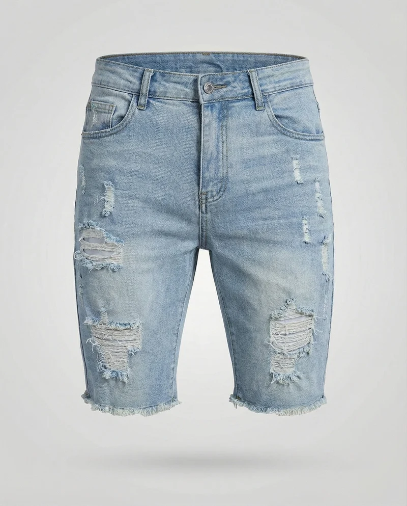 Herren Jeans-Bermuda Schmal Rissdetails Fünf-Taschen