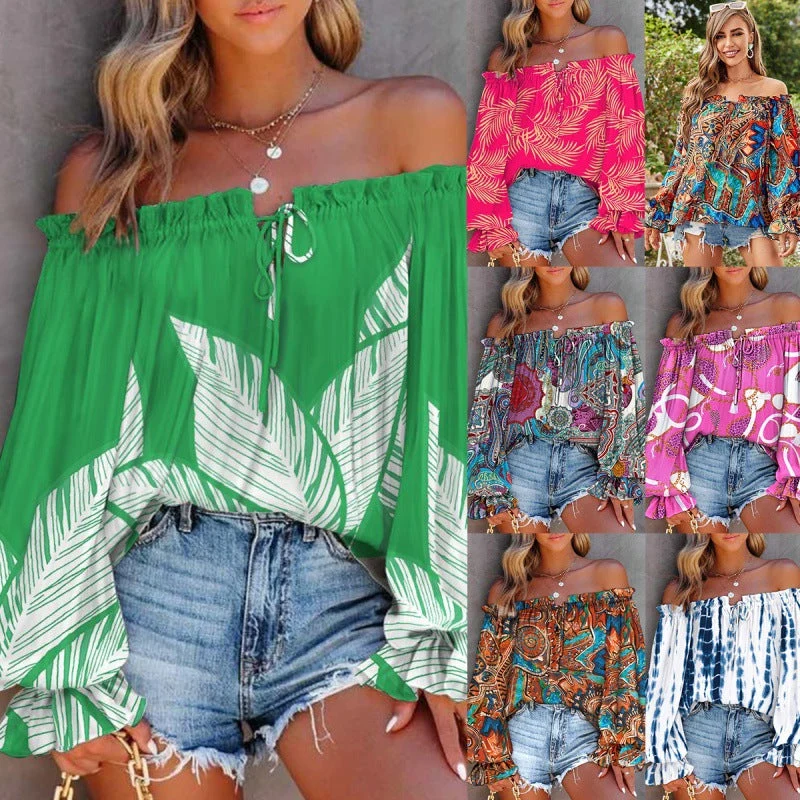Damen Off-Shoulder Bluse mit Buntem Muster und Elastischem Saum Nord Taschen