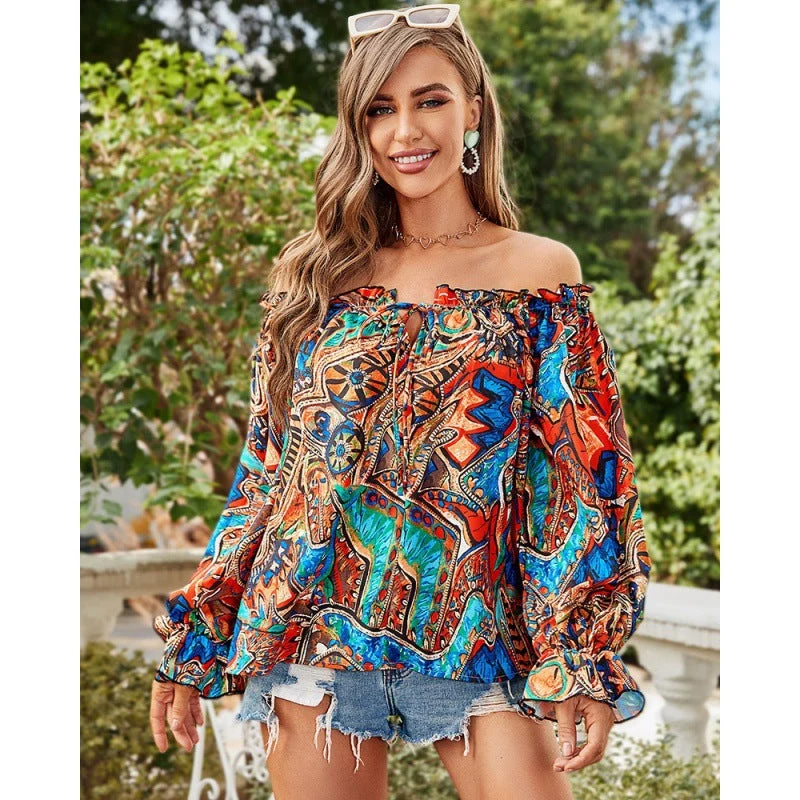 Damen Off-Shoulder Bluse mit Buntem Muster und Elastischem Saum Nord Taschen
