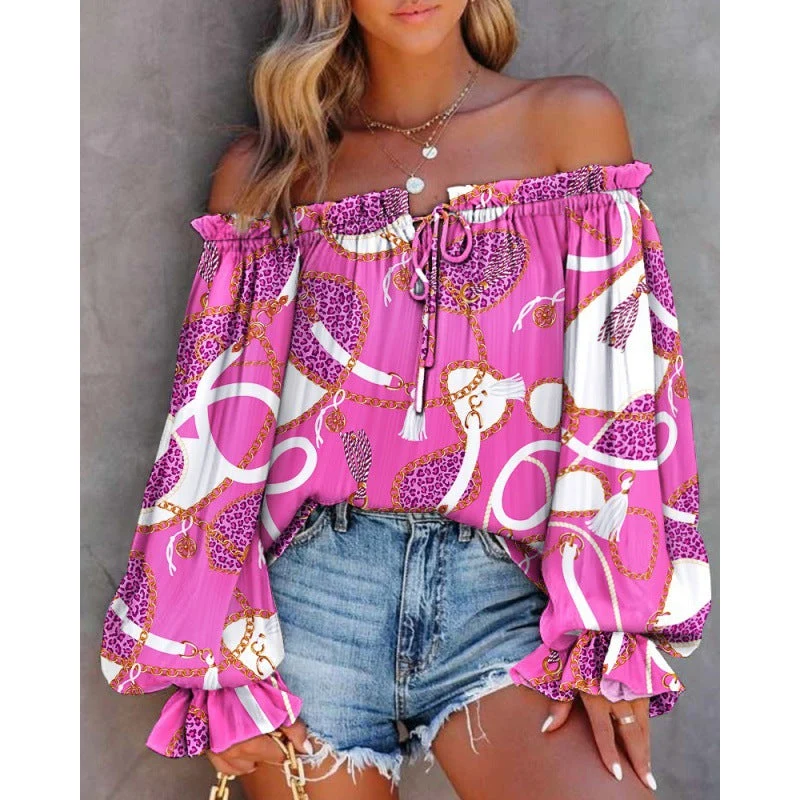 Damen Off-Shoulder Bluse mit Buntem Muster und Elastischem Saum Nord Taschen