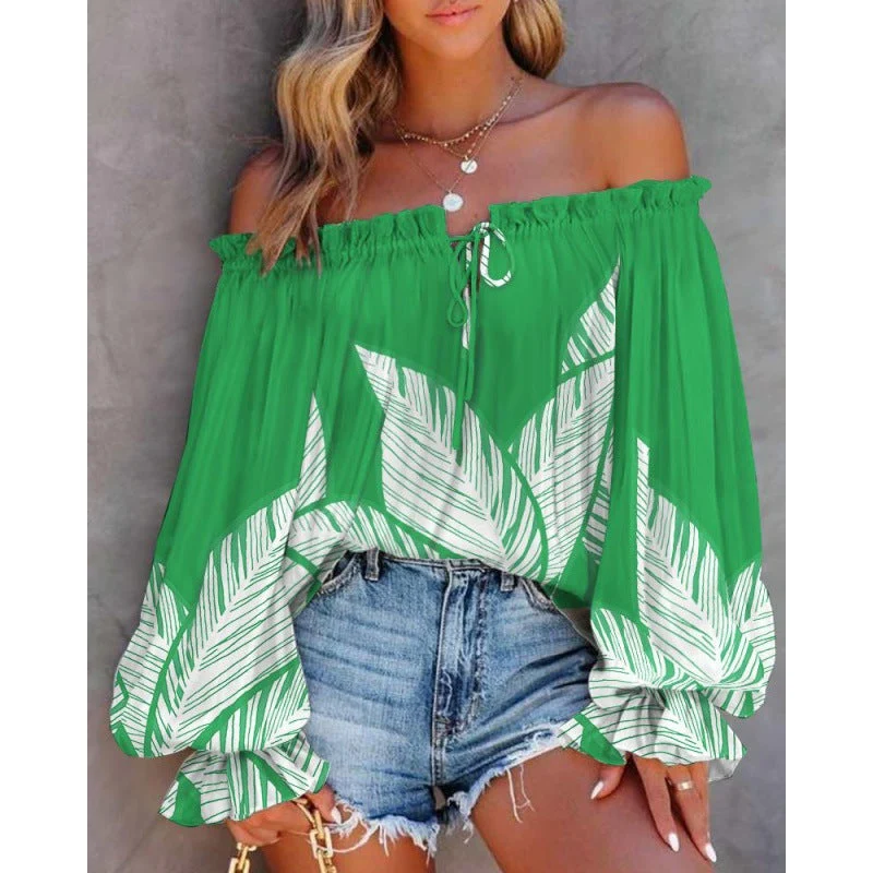 Damen Off-Shoulder Bluse mit Buntem Muster und Elastischem Saum Nord Taschen