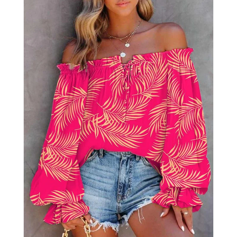 Damen Off-Shoulder Bluse mit Buntem Muster und Elastischem Saum Nord Taschen