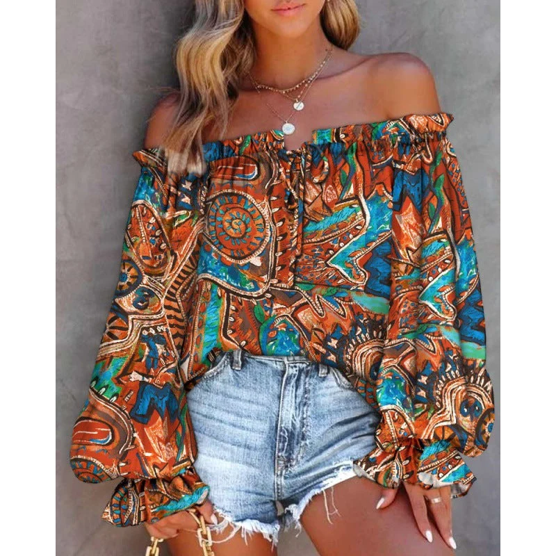 Damen Off-Shoulder Bluse mit Buntem Muster und Elastischem Saum Nord Taschen